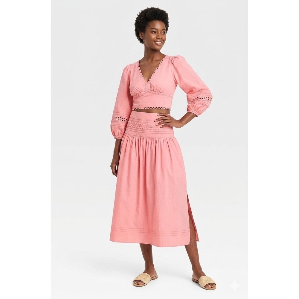 A New Day Rosie Pink Scalloped Eyelet boho skirt & Long sleeve Puff Sleeve N wt